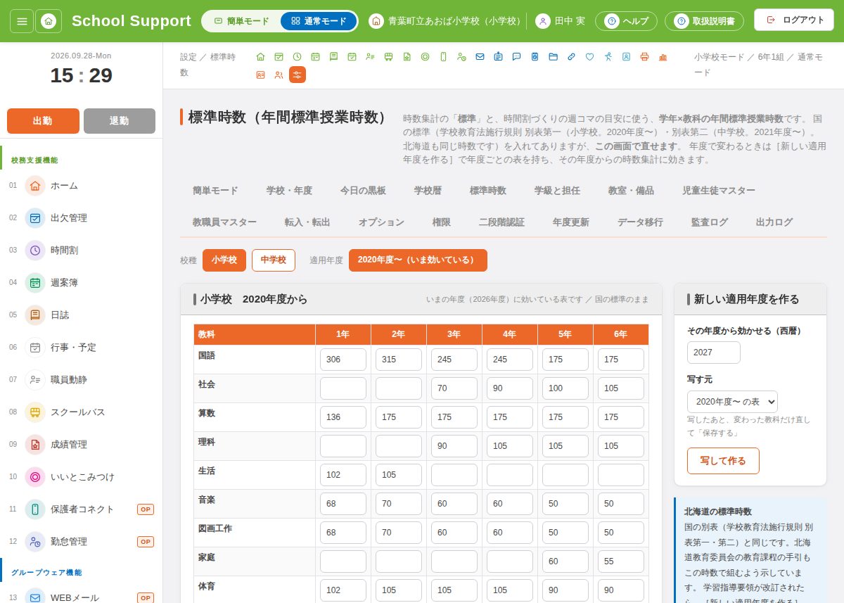 標準時数の画面